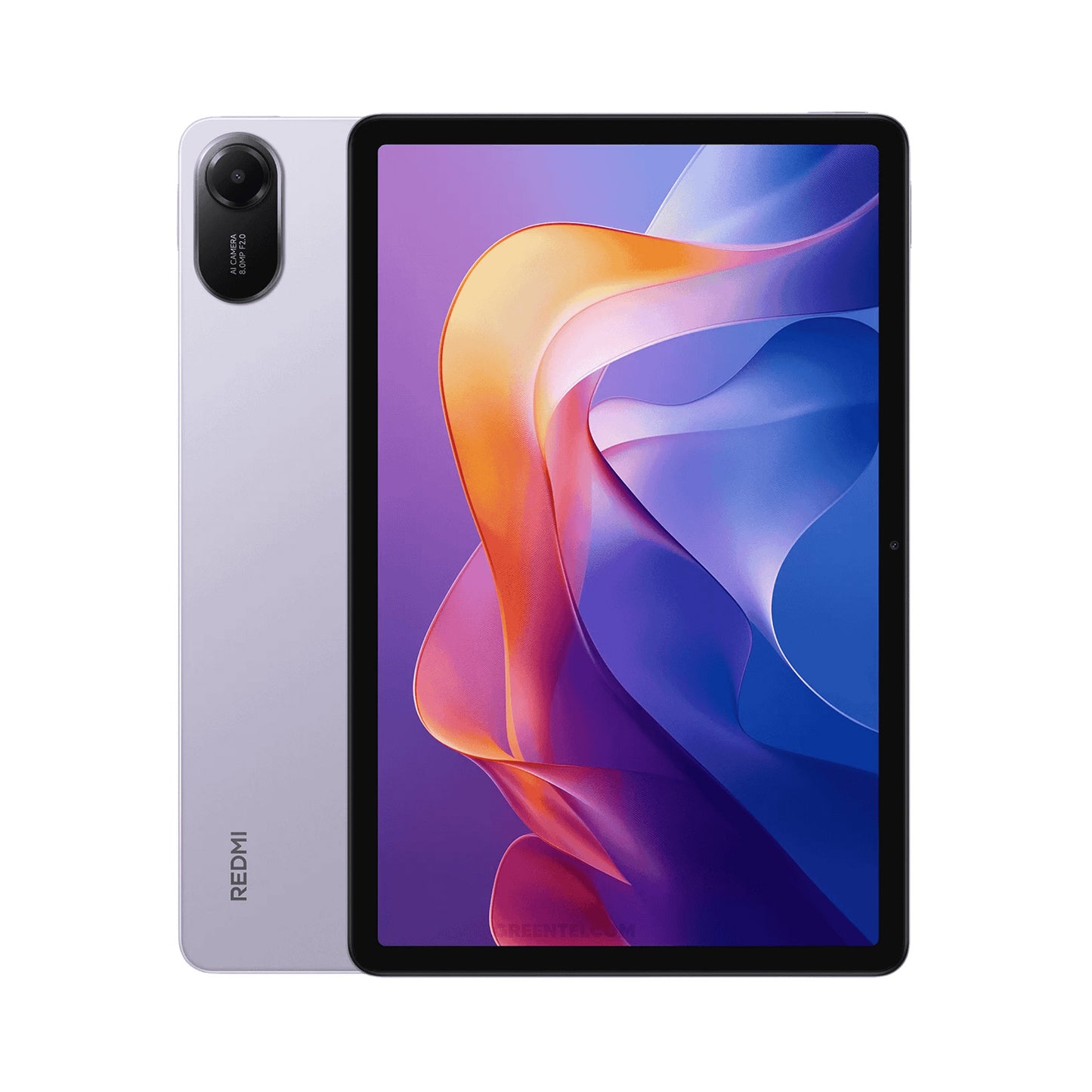 Tablet with colorful display and back view showing Redmi branding on a white background
