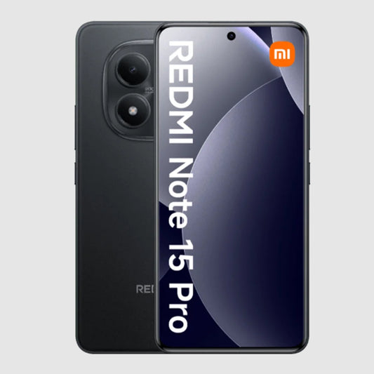 Black Redmi Note 15 Pro smartphone showing front and back on a light gray background