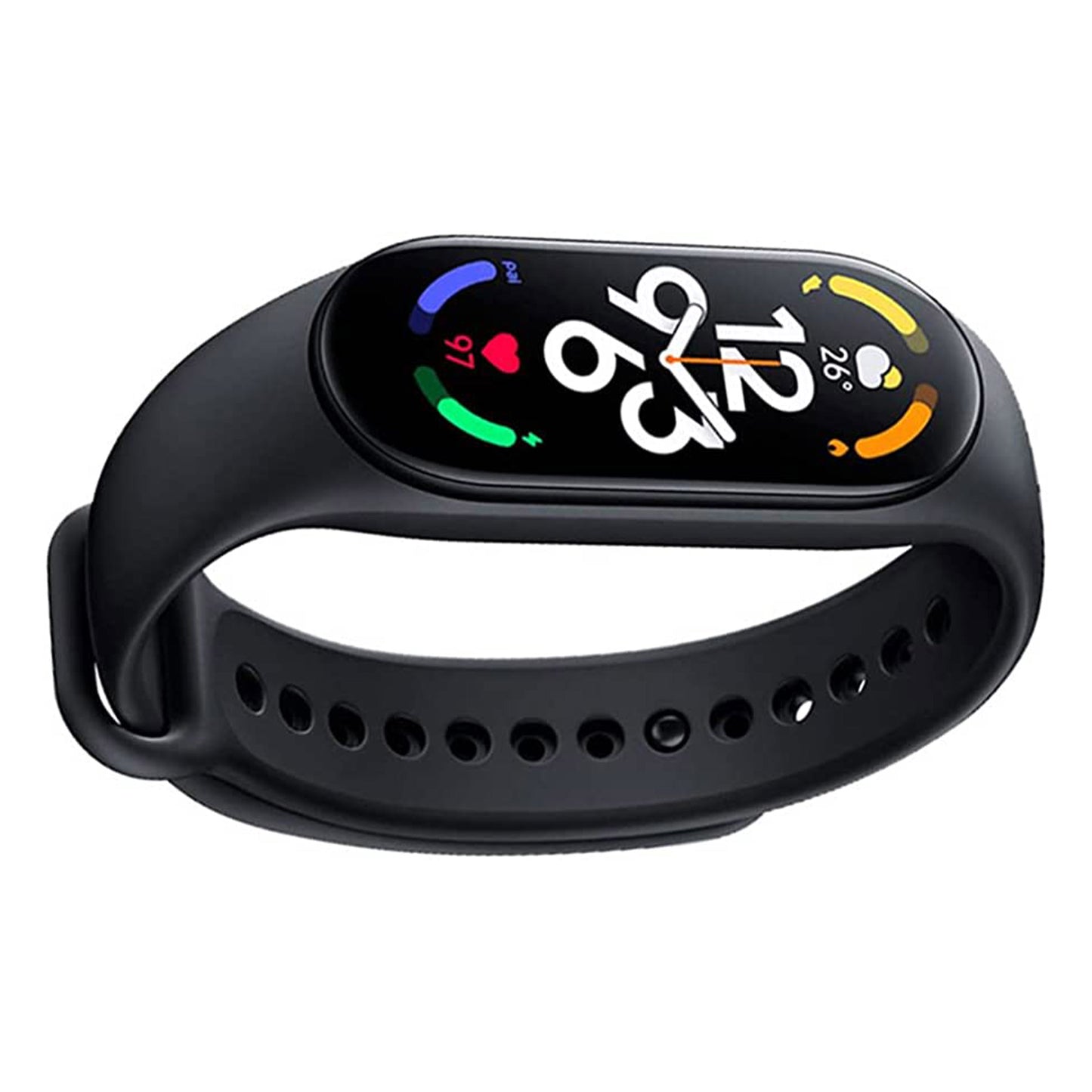 Xiaomi Smart Band 7 showing fitness stats on screen