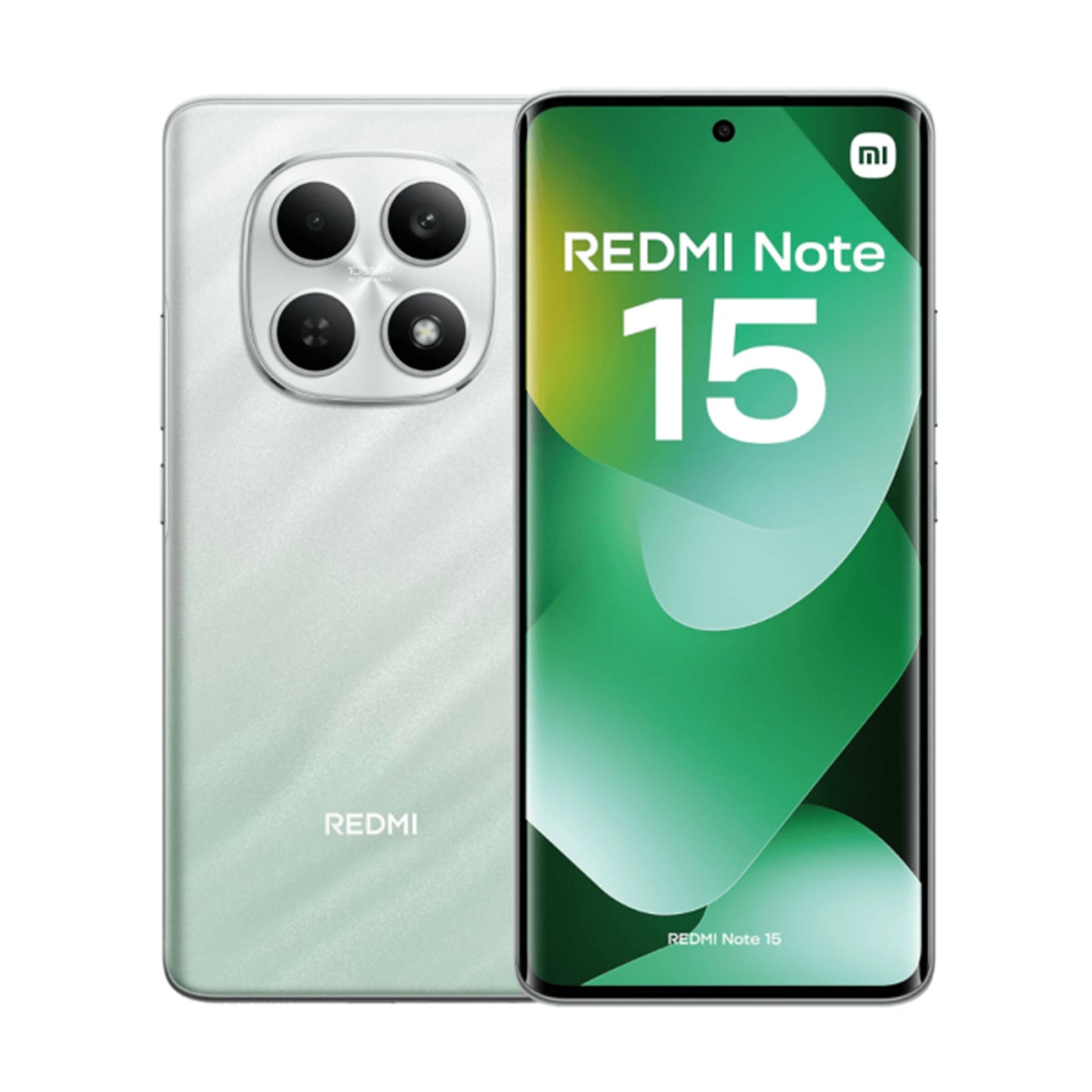 Redmi Note 15 smartphone showing front and back on a white background