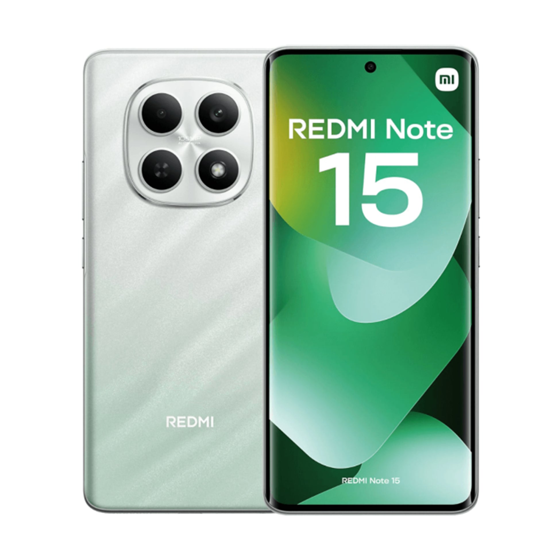 Redmi Note 15 smartphone showing front and back on a white background