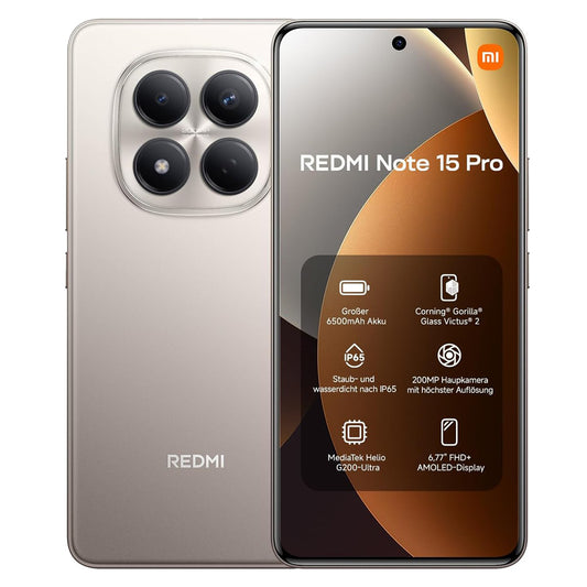Redmi Note 15 Pro smartphone showing front and back with key features.