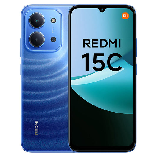 Blue Redmi 15C smartphone showing front and back views on a white background