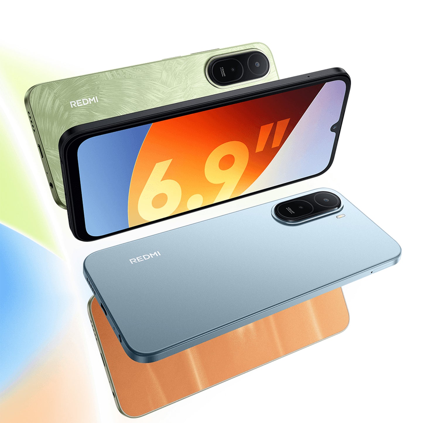 four Redmi smartphones showing front and back views with a colorful display.